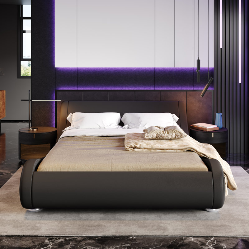 Orren Ellis Platform Bed Frame, Upholstered Faux Leather Low Orren Ellis Platform Bed Frame, Upholstered Faux Leather Low